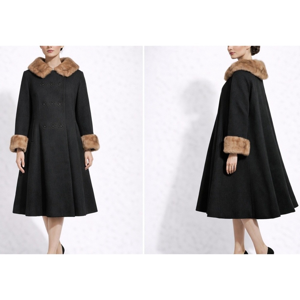 Vintage 60s Wool Swing Coat Women‎ Medium Fur Trim Old Hollywood Black Classic